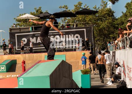 vigo, espagne. 10 août 2023. Image de la journée d'entraînement et de pré-qualification de skateboard pendant le championnat d'O Marisquino23. crédit. Xan Gasalla / Alamy Live News Banque D'Images