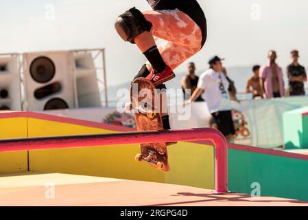 vigo, espagne. 10 août 2023. Image de la journée d'entraînement et de pré-qualification de skateboard pendant le championnat d'O Marisquino23. crédit. Xan Gasalla / Alamy Live News Banque D'Images