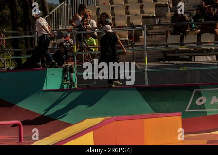 vigo, espagne. 10 août 2023. Image de la journée d'entraînement et de pré-qualification de skateboard pendant le championnat d'O Marisquino23. crédit. Xan Gasalla / Alamy Live News Banque D'Images