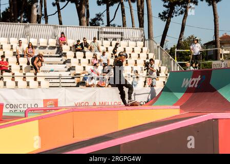 vigo, espagne. 10 août 2023. Image de la journée d'entraînement et de pré-qualification de skateboard pendant le championnat d'O Marisquino23. crédit. Xan Gasalla / Alamy Live News Banque D'Images