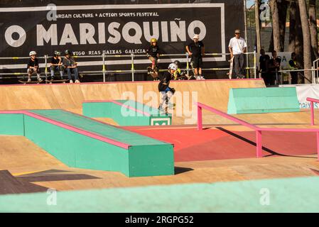 vigo, espagne. 10 août 2023. Image de la journée d'entraînement et de pré-qualification de skateboard pendant le championnat d'O Marisquino23. crédit. Xan Gasalla / Alamy Live News Banque D'Images