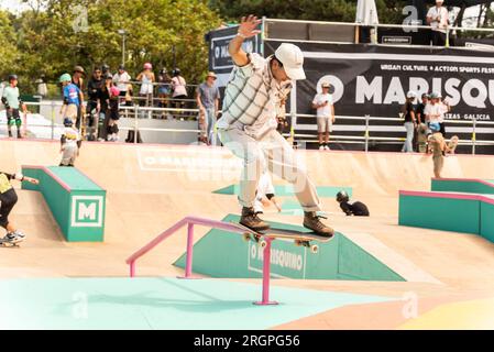 vigo, espagne. 10 août 2023. Image de la journée d'entraînement et de pré-qualification de skateboard pendant le championnat d'O Marisquino23. crédit. Xan Gasalla / Alamy Live News Banque D'Images