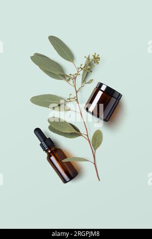 concept minimal moderne de soins de la peau et du corps et de cosmétiques avec bocal en verre ambré, flacon compte-gouttes et brindille d'eucalyptus sur fond vert pastel Banque D'Images