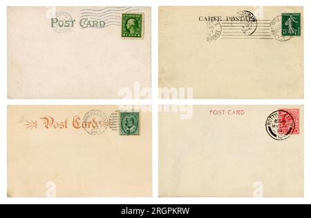 Verso de cartes postales anciennes de courir des États-Unis, de France, du Canada et d'Angleterre avec timbres et cachets postaux, des éléments de conception d'affranchissement / courrier Banque D'Images