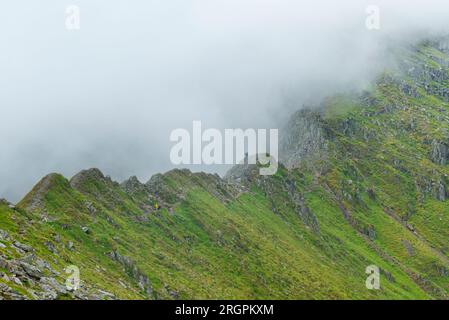 Marcheurs sur Striding Edge, montagne Helvellyn, Cumbria Banque D'Images