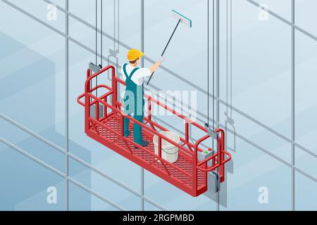 Personnel de service de nettoyage de vitres de grande hauteur professionnel isométrique dans la gondole. Nettoyer les fenêtres du gratte-ciel Illustration de Vecteur