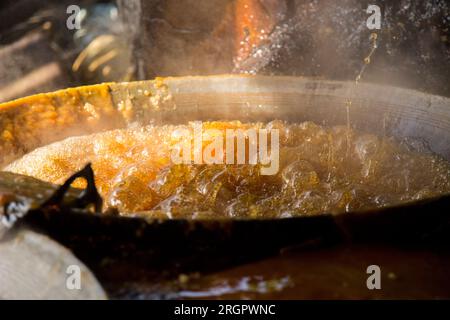 Ferme de sucre de coco à la plantation biologique dans la province de Samut Songkram en Thaïlande. Banque D'Images