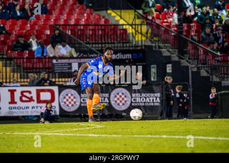 10 août 2023. Melbourne Knights football Club, Victoria, Australie. Melbourne Knights vs Lions FC lors de la manche de la coupe d'Australie 32 au Melbourne Knights football Club, Sunshine North. Banque D'Images