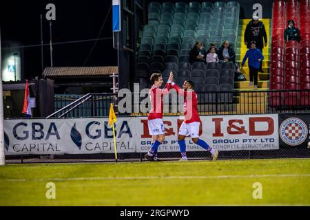 10 août 2023. Melbourne Knights football Club, Victoria, Australie. Melbourne Knights vs Lions FC lors de la manche de la coupe d'Australie 32 au Melbourne Knights football Club, Sunshine North. Banque D'Images