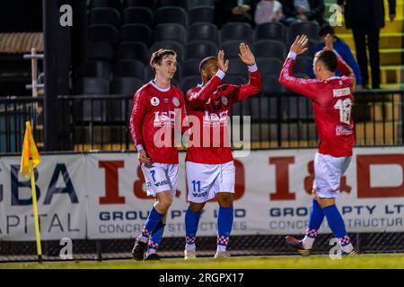 10 août 2023. Melbourne Knights football Club, Victoria, Australie. Melbourne Knights vs Lions FC lors de la manche de la coupe d'Australie 32 au Melbourne Knights football Club, Sunshine North. Banque D'Images