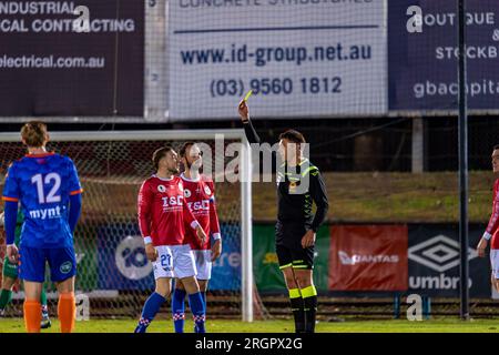 10 août 2023. Melbourne Knights football Club, Victoria, Australie. Melbourne Knights vs Lions FC lors de la manche de la coupe d'Australie 32 au Melbourne Knights football Club, Sunshine North. Banque D'Images