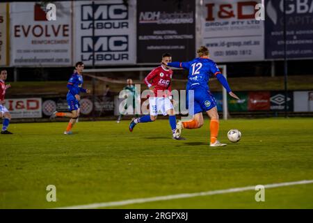 10 août 2023. Melbourne Knights football Club, Victoria, Australie. Melbourne Knights vs Lions FC lors de la manche de la coupe d'Australie 32 au Melbourne Knights football Club, Sunshine North. Banque D'Images