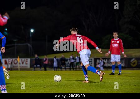 10 août 2023. Melbourne Knights football Club, Victoria, Australie. Melbourne Knights vs Lions FC lors de la manche de la coupe d'Australie 32 au Melbourne Knights football Club, Sunshine North. Banque D'Images