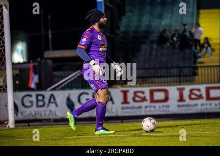 10 août 2023. Melbourne Knights football Club, Victoria, Australie. Melbourne Knights vs Lions FC lors de la manche de la coupe d'Australie 32 au Melbourne Knights football Club, Sunshine North. Banque D'Images