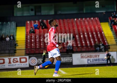 10 août 2023. Melbourne Knights football Club, Victoria, Australie. Melbourne Knights vs Lions FC lors de la manche de la coupe d'Australie 32 au Melbourne Knights football Club, Sunshine North. Banque D'Images