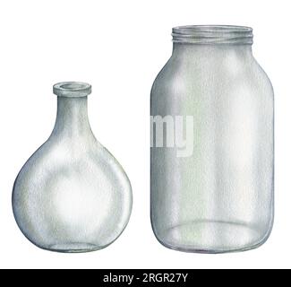 Ensemble de bocal en verre, vase. Clipart dessiné à la main aquarelle isolé sur fond blanc. Style de vie zéro déchet, cuisine écologique. pas de concept plastique Banque D'Images