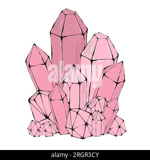 Cristaux magiques roses, isolés sur fond blanc. Illustration dessinée à la main. Banque D'Images