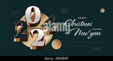 Joyeux Noël et bonne année 2024 Banner ou Poster Design avec des numéros d'or 3D. Bonne année 2024 Design Illustration de Vecteur
