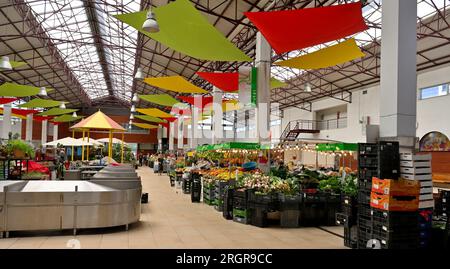 A l'intérieur du marché local Mercado Coletivo Aveiro stands vendant fruits frais, légumes, poissons autres produits, Portugal Banque D'Images