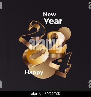 Creative New Year 2024 bannière ou affiche design avec numéros 3D noir et or. Bonne année 2024 Design Illustration de Vecteur