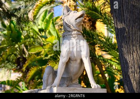 Alicante, Espagne, ancienne sculpture d'un loup ou d'un chien décoration trouvée dans le parc public de Canalejas. Le monument est le plus ancien parc de la ville. Banque D'Images