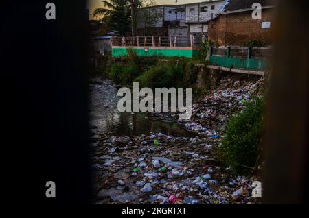 Malang, Indonésie. 11 août 2023. Une grande quantité de déchets a été trouvée sur les rives de la rivière Brantas, dans le quartier résidentiel de Muharto. Selon les groupes écologistes, les microplastiques ont endommagé la qualité de l'eau des rivières. En outre, les informations de l'expédition de la rivière Nusantara en 2022 montrent que Java oriental a les niveaux les plus élevés de pollution microplastique dans ses rivières. (Photo de Moch Farabi Wardana/Pacific Press) crédit : Pacific Press Media production Corp./Alamy Live News Banque D'Images