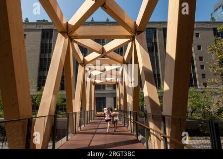 Le pont en treillis en bois relie la ligne haute à la salle de train Moynihan sur le côté ouest de Manhattan, 2023, New York City, États-Unis Banque D'Images