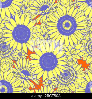 motif sans couture de marguerites jaunes avec un contour bleu sur un fond orange, texture, design Banque D'Images