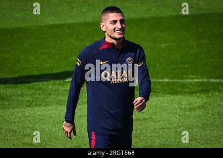 Poissy, France. 11 août 2023. Marco VERRATTI du PSG lors de l'entraînement de l'équipe du Paris Saint-Germain le 11 août 2023 au Campus PSG à Poissy - photo Matthieu Mirville/DPPI crédit : DPPI Media/Alamy Live News Banque D'Images