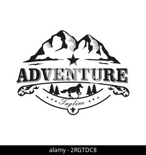 Modèle d'emblème d'étoile de montagne avec silhouette équestre. Écusson de rodéo vintage Wild West. Illustration vectorielle. Illustration de Vecteur