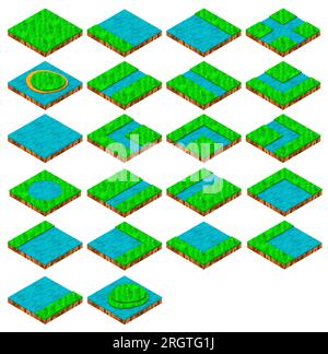 Illustration de rendu 3d isolé de l'herbe de jeu isométrique et des parties de terrain de pelouse avec rivière et îles, divers types. Banque D'Images