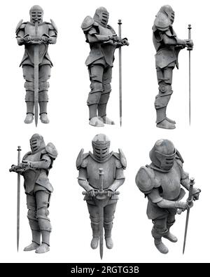 Illustration isolée de rendu 3d de la sentinelle en pierre ou gardien médiévale statue de chevalier blindé avec épée dans divers angles. Banque D'Images
