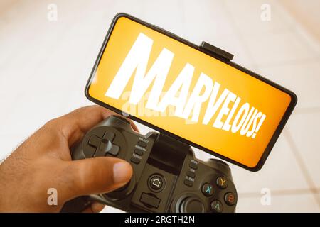 Dans cette illustration photo, une personne joue sur un joystick et le merveilleux logo affiché sur un écran de smartphone. Banque D'Images