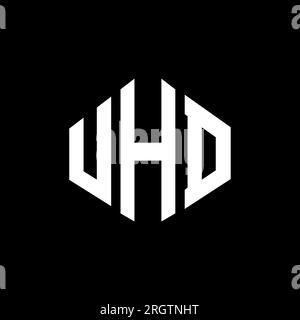 Conception de logo de lettre UHD avec forme de polygone. Conception de logo en forme de polygone et de cube UHD. Modèle de logo vectoriel hexagone UHD couleurs blanches et noires. UHD monogr Illustration de Vecteur
