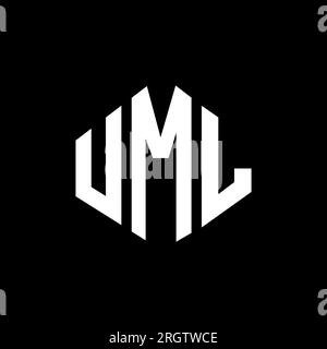 Conception de logo de lettre UML avec forme de polygone. Conception de logo en forme de polygone et de cube UML. Modèle de logo vectoriel hexagone UML couleurs blanches et noires. Monogr. UML Illustration de Vecteur