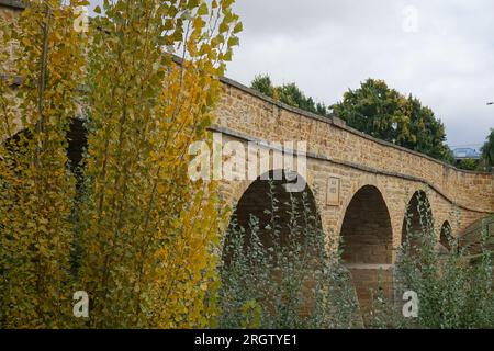 Le Richmond Bridge voûté, classé au patrimoine historique, à Richmond, Tasmanie, Australie, avec des arbres colorés d'automne Banque D'Images