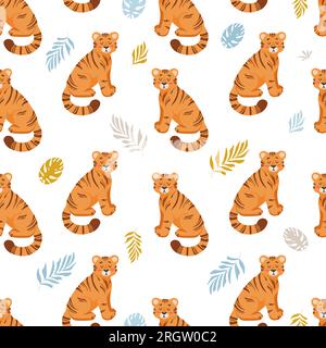 Motif sans couture tropical d'été lumineux. Tigre mignon, feuilles de palmier enfants illustration vectorielle style de dessin animé. Pour pépinière, affiches, impressions sur tissu. Illustration de Vecteur