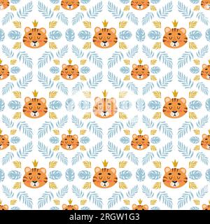 Motif sans couture tropical d'été lumineux. Tigre mignon, feuilles de palmier enfants illustration vectorielle style de dessin animé. Pour pépinière, affiches, impressions sur tissu. Illustration de Vecteur