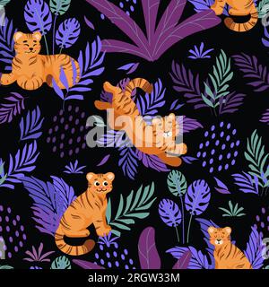 Motif sans couture tropical d'été lumineux. Tigre mignon, feuilles de palmier enfants illustration vectorielle style de dessin animé. Pour pépinière, affiches, impressions sur tissu. Illustration de Vecteur