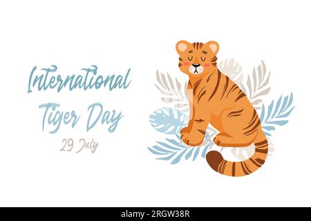 Illustration vectorielle d'un tigre mignon parmi les feuilles tropicales de palmier et monstera. Protection des animaux. Écologie. Journée internationale du tigre. Faune du monde. F Illustration de Vecteur