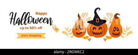 Bonne vente halloween. Bannière horizontale lumineuse dans le style de dessin animé dans les tons orange et noir. Citrouille jack-o-lanterne, chapeau de sorcière, feuilles d'automne. Pour adver Illustration de Vecteur
