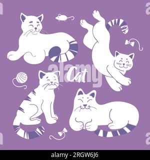 Un ensemble lumineux de chats blancs mignons dans différentes poses sur un fond violet. Animaux de compagnie dans des couleurs pastel. Une boule de laine, une souris jouet, des arcs. Pour les autocollants, pos Illustration de Vecteur