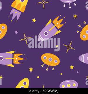 Motif sans couture enfantin lumineux. Style dessin animé. Espace, navette, ovni, étoiles, fusées. Pour pépinière, papier peint, impression sur tissu, emballage, fond Illustration de Vecteur