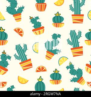 Motif sans couture d'été. Plante d'intérieur dans des couleurs d'agrumes vives. Cactus mexicains en pots, quartiers de citron, pamplemousse et citron vert. Illustration vectorielle plate lumineuse Illustration de Vecteur