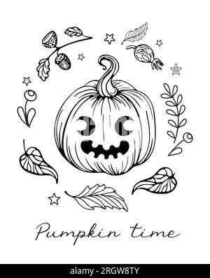 Illustration de doodle graphique vectoriel dans un style vintage pour halloween. Citrouille - fantôme, jack-o-lanterne. Légumes et feuilles d'automne. Pour les autocollants, poste Illustration de Vecteur