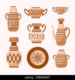 Ensemble d'objets archéologiques antiques. Amphores grecques, vases, assiette, pots et bol avec des motifs ethniques. Céramiques faites à la main. Pour autocollants, affiches, p Illustration de Vecteur