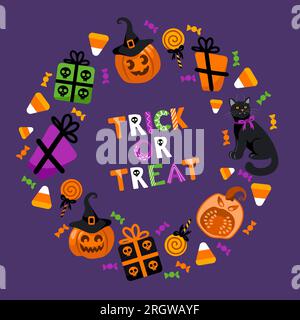 Trick ou Treat. Illustration vectorielle lumineuse Halloween. Lanterne de citrouille, chapeau de sorcière, chat, sucettes, cadeaux avec crânes, stars, bonbons Corn. Pour autocollants, Illustration de Vecteur