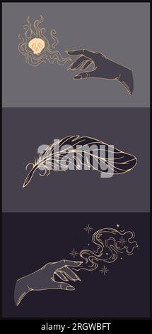 Illustration vectorielle vintage. Mains dorées pour femmes. Un sort mortel dangereux. Scull, plume, magie, sorcellerie, astrologie, mystic. Pour les affiches, Postcar Illustration de Vecteur