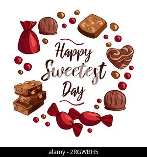 Cadre de cercle d'illustration vintage avec des morceaux de chocolat au lait avec des noix, chocolats bonbons. Bonne journée la plus douce. Arrière-plan vectoriel. Modèle pour post Illustration de Vecteur