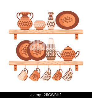 Étagères de cuisine avec ustensiles. Plats en céramique faits à la main, ornements ethniques. amphores, vases, assiette, pots, bol avec motifs ethniques. Confort à la maison, hygg Illustration de Vecteur